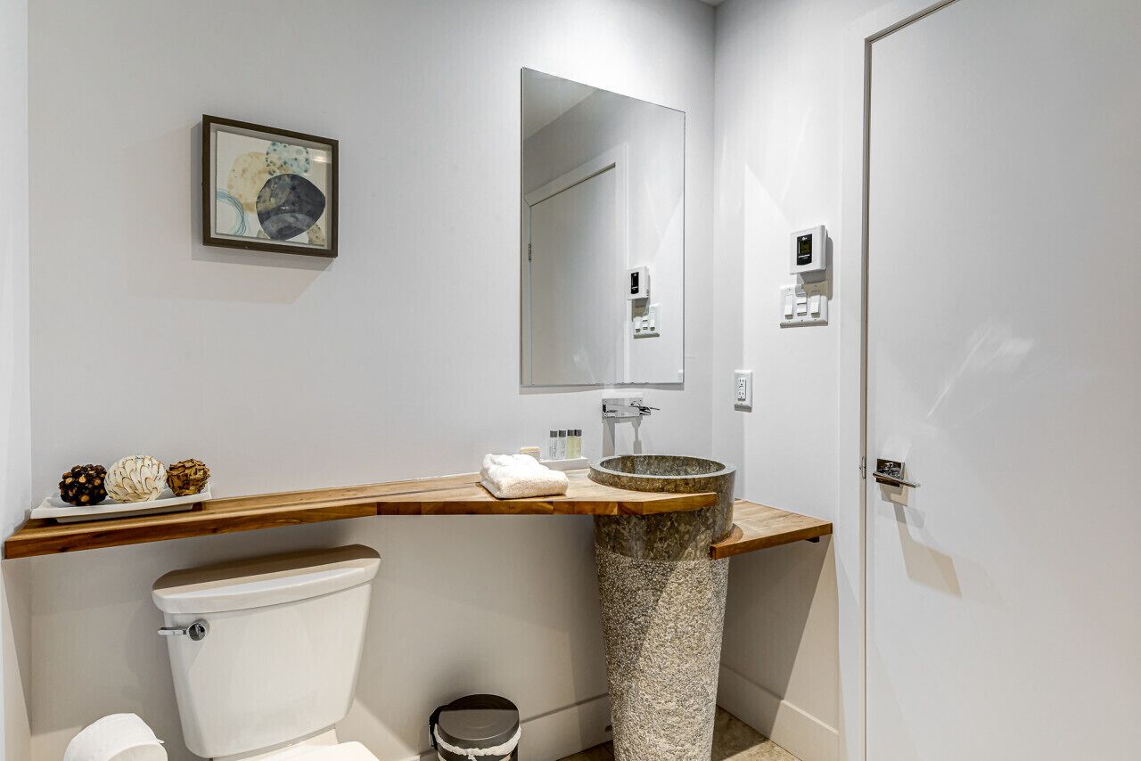 Un baño moderno con un tocador de madera, un lavamanos de piedra, un inodoro y una obra de arte enmarcada en la pared.