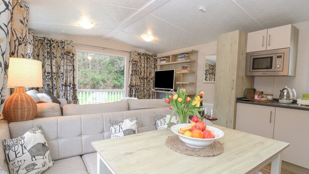 A cozy living room with a sofa, a table with fruit and flowers, and a kitchen area with cabinets and a microwave. - No 3 Foxburrow Hang (Great Yarmouth)