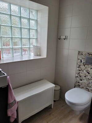 Hair dryer, towels, soap, shampoo