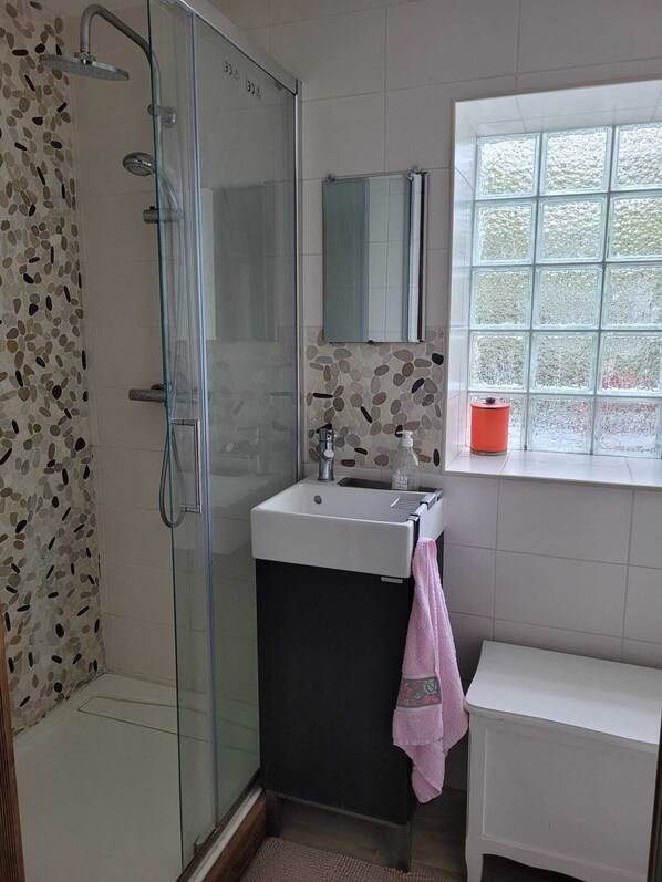 Hair dryer, towels, soap, shampoo