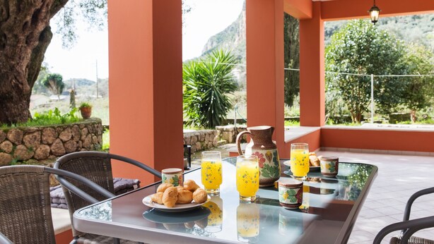 Ein Frühstückstisch mit Croissants, Saft und einer Karaffe, in einem Raum mit orangefarbenen Wänden und Blick auf Grünflächen.