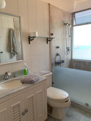 Shower, hair dryer, bidet, towels