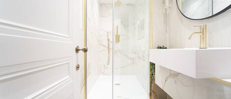 Shower, hair dryer, towels, shampoo