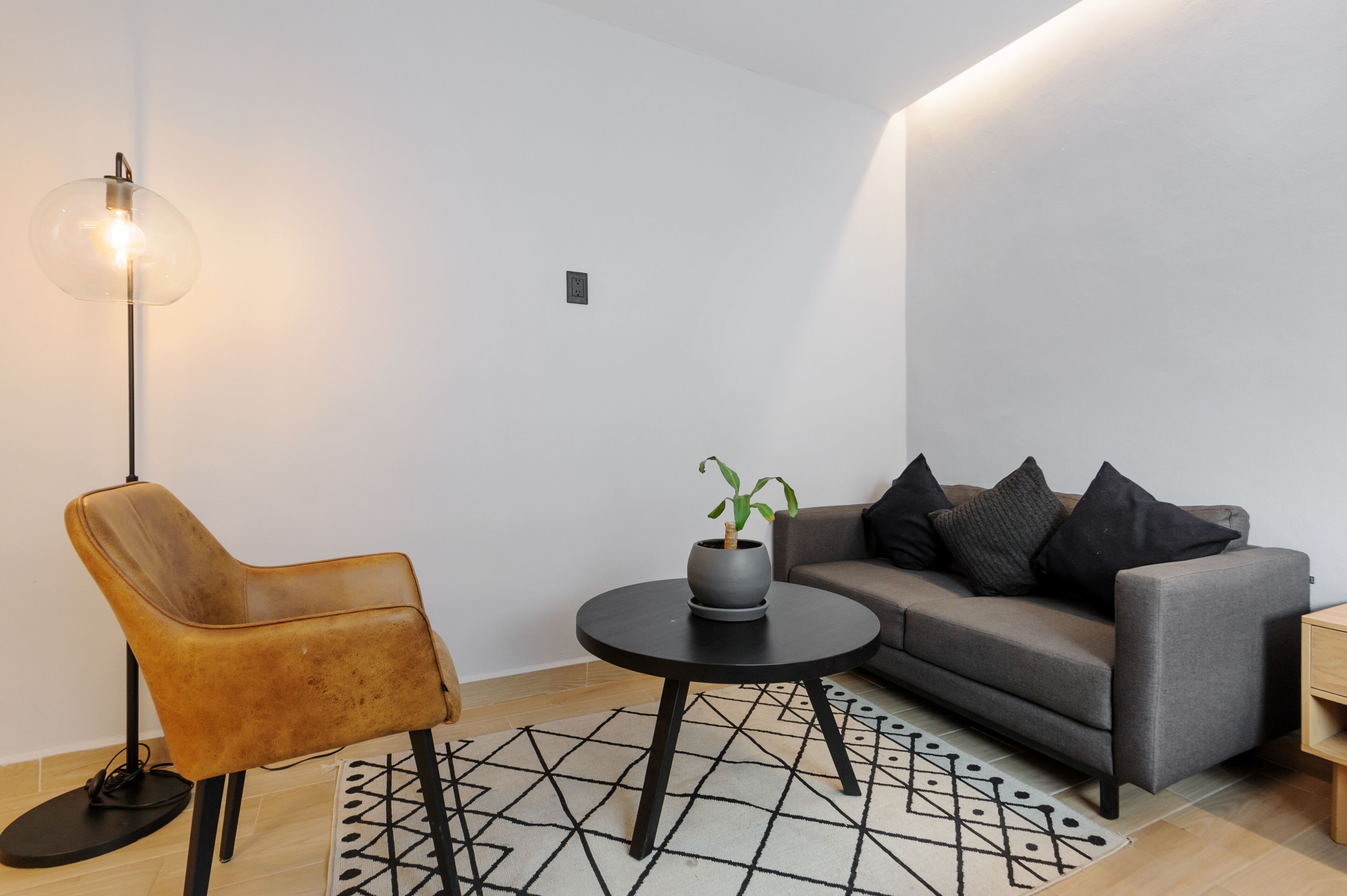 A modern living room with a sofa, a chair, a small table with a plant, and a floor lamp.