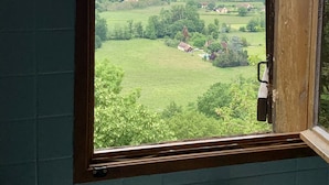 Un baño con vista a un paisaje verde a través de una ventana.