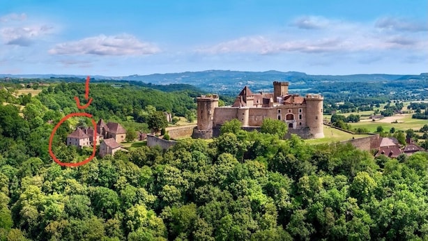 Un castillo rodeado de exuberante vegetación, con una vista despejada de su arquitectura histórica y del paisaje circundante.