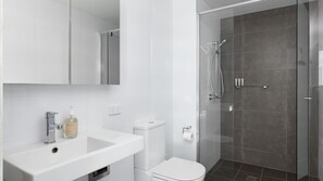 Shower, hair dryer, towels