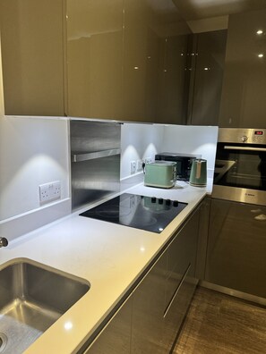 Full-sized fridge, microwave, oven, dishwasher
