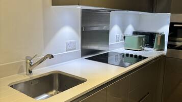 Full-sized fridge, microwave, oven, dishwasher