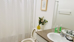Une salle de bain avec des toilettes, un lavabo et un rideau de douche.