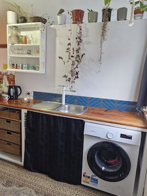 Fridge, microwave, electric kettle, toaster