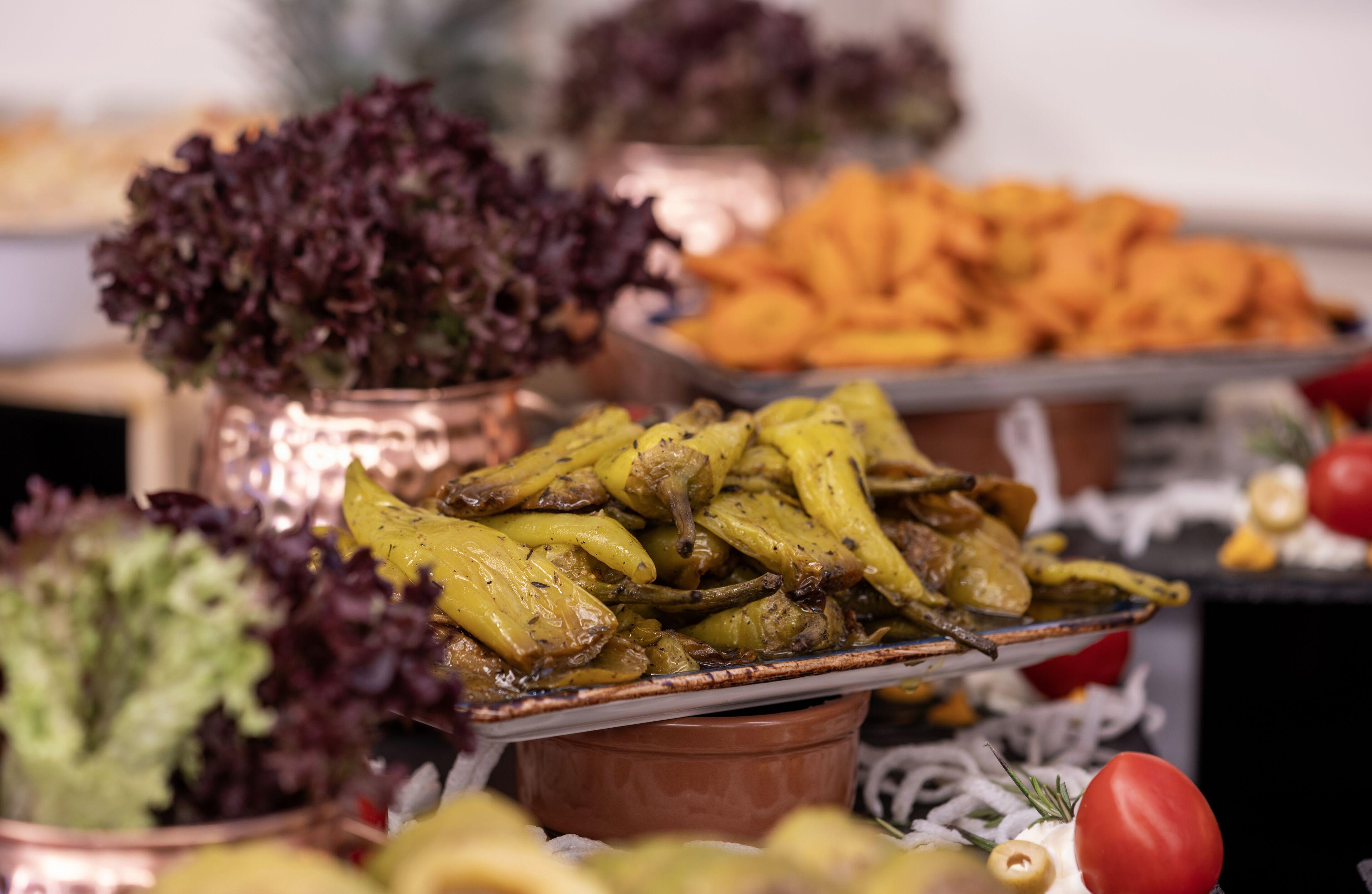 Un bufé con diversos platos, incluyendo verduras asadas y ensaladas.