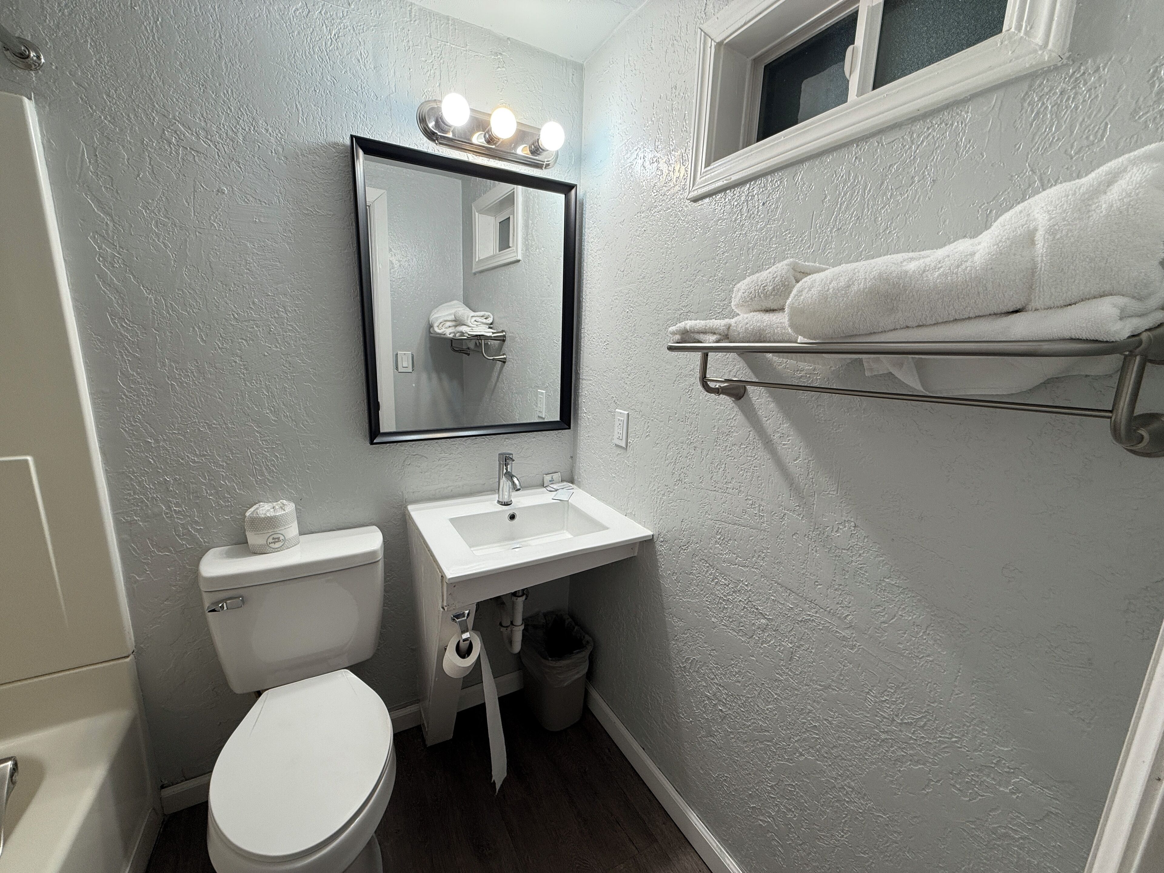 Une salle de bain équipée de toilettes, d’un lavabo, d’un miroir et d’un porte-serviettes.