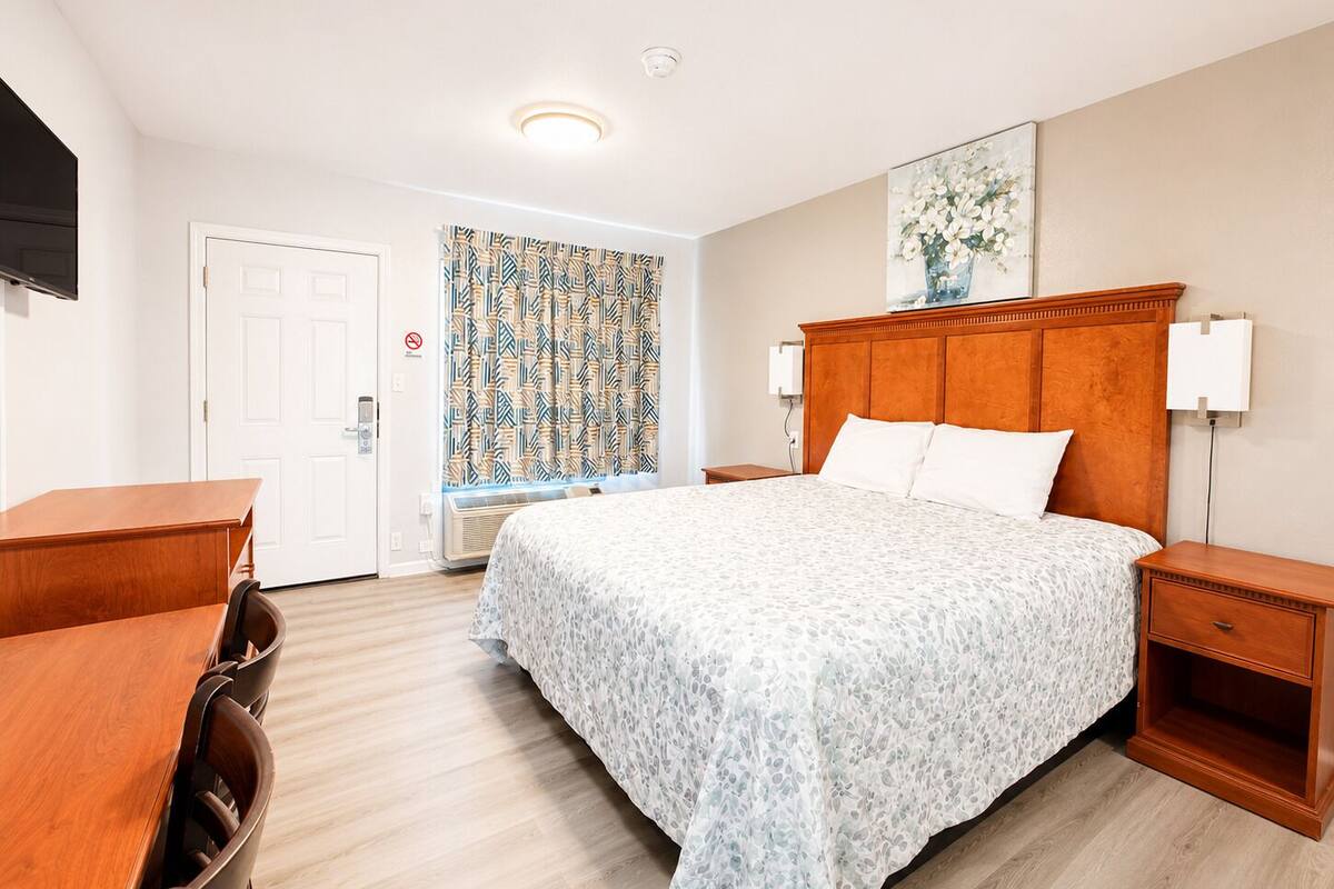 A hotel room with a bed, a desk, a chair, a nightstand, a wall-mounted TV, and a patterned curtain.