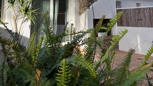 Una casa moderna con una chimenea de piedra, una ventana con cortina y plantas verdes exuberantes al frente.