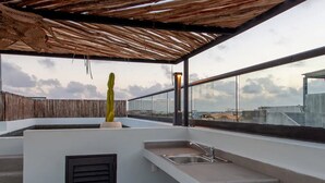 A rooftop terrace with a built-in sink, a cactus, and a view of the cityscape. - Kite Suite 207 (Tulum)