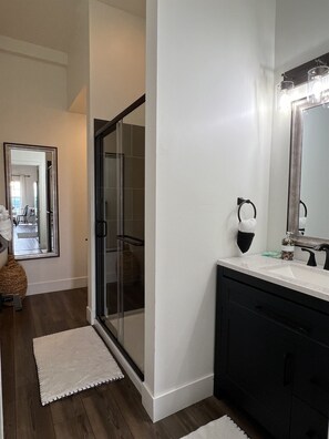 Shower, hair dryer, towels