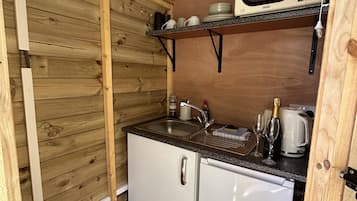 Fridge, microwave, electric kettle, toaster