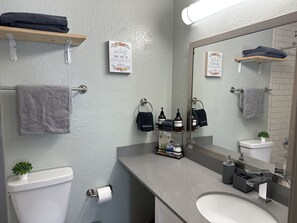 Haartrockner, Handtücher, Seife, Shampoo