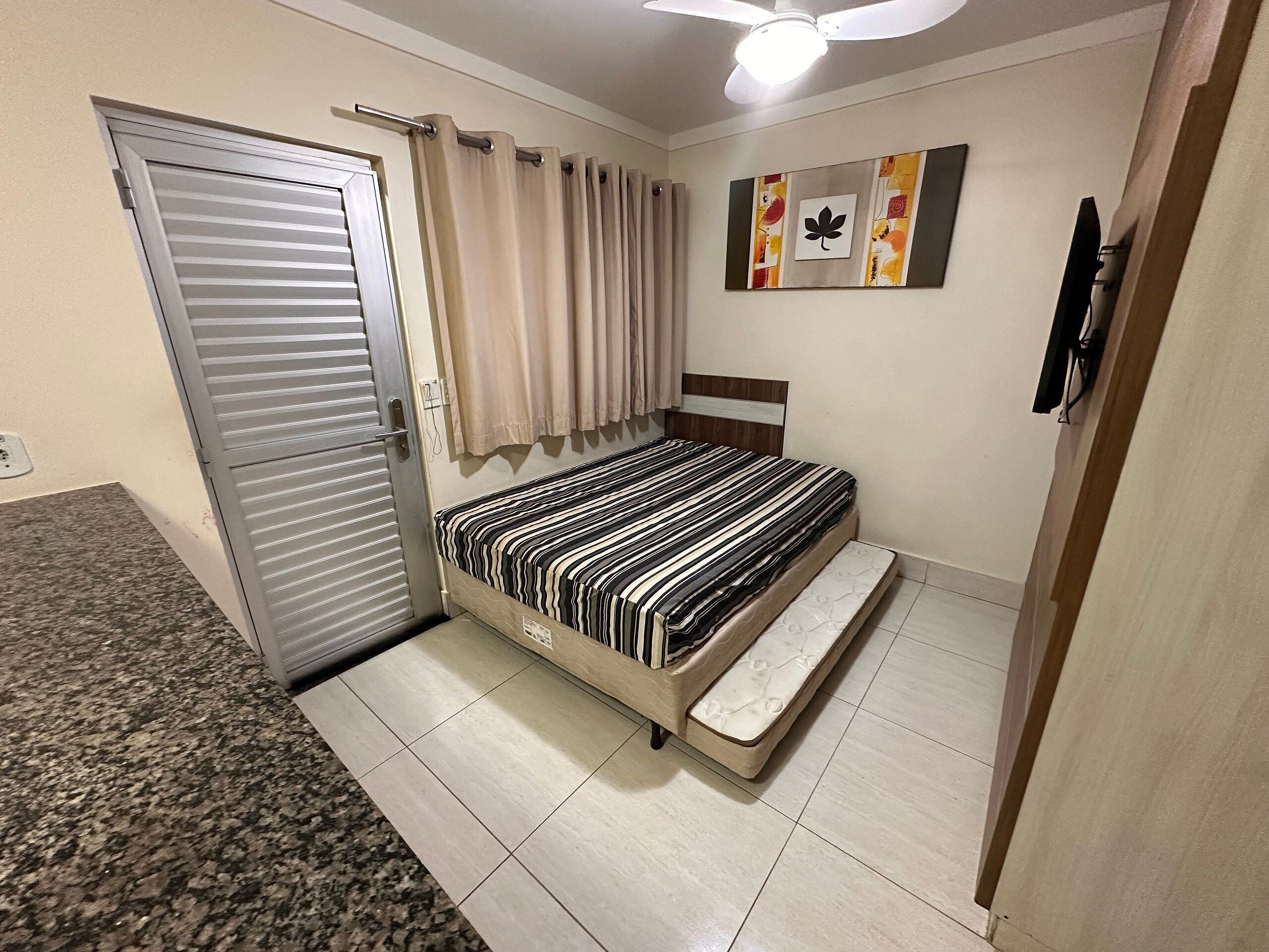 A bedroom with a bed, a ceiling fan, a door, and a wall with artwork.