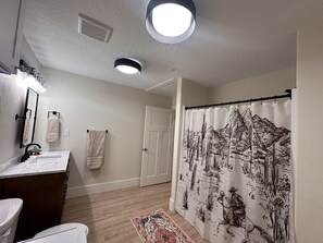 A bathroom with a white sink, mirror, and towel rack. There is a shower curtain with a mountain design. - Opera House Suite 1 (Kemmerer)