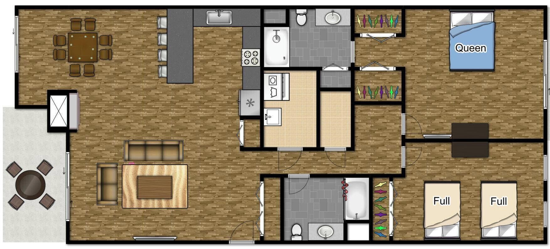 Indeling van een hotelkamer met een zithoek, keuken, twee badkamers, een woonkamer en een balkon.
