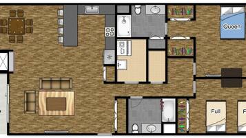 Indeling van een hotelkamer met een zithoek, keuken, twee badkamers, een woonkamer en een balkon.
