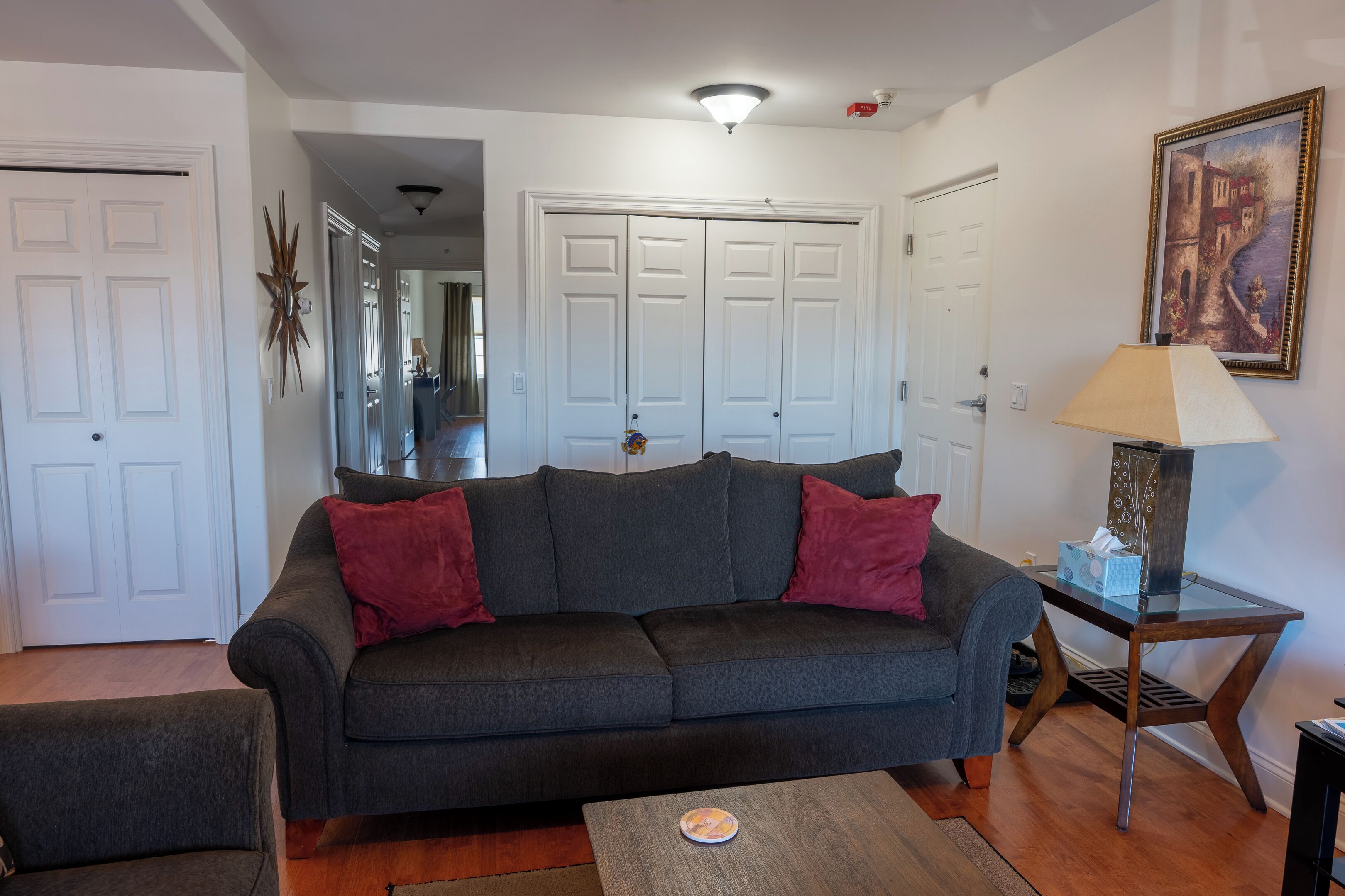 A living room with a dark grey sofa, two red cushions, a wooden coffee table, and a lamp on a side table.