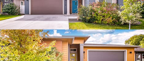 A residential house with a garage, a front door, and a driveway.
