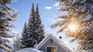 A cozy cabin with a sloped roof, surrounded by snow-covered trees and a clear sky. - L`Oasis Zen bord de L`eau, Spa,Foyer (Nominingue)