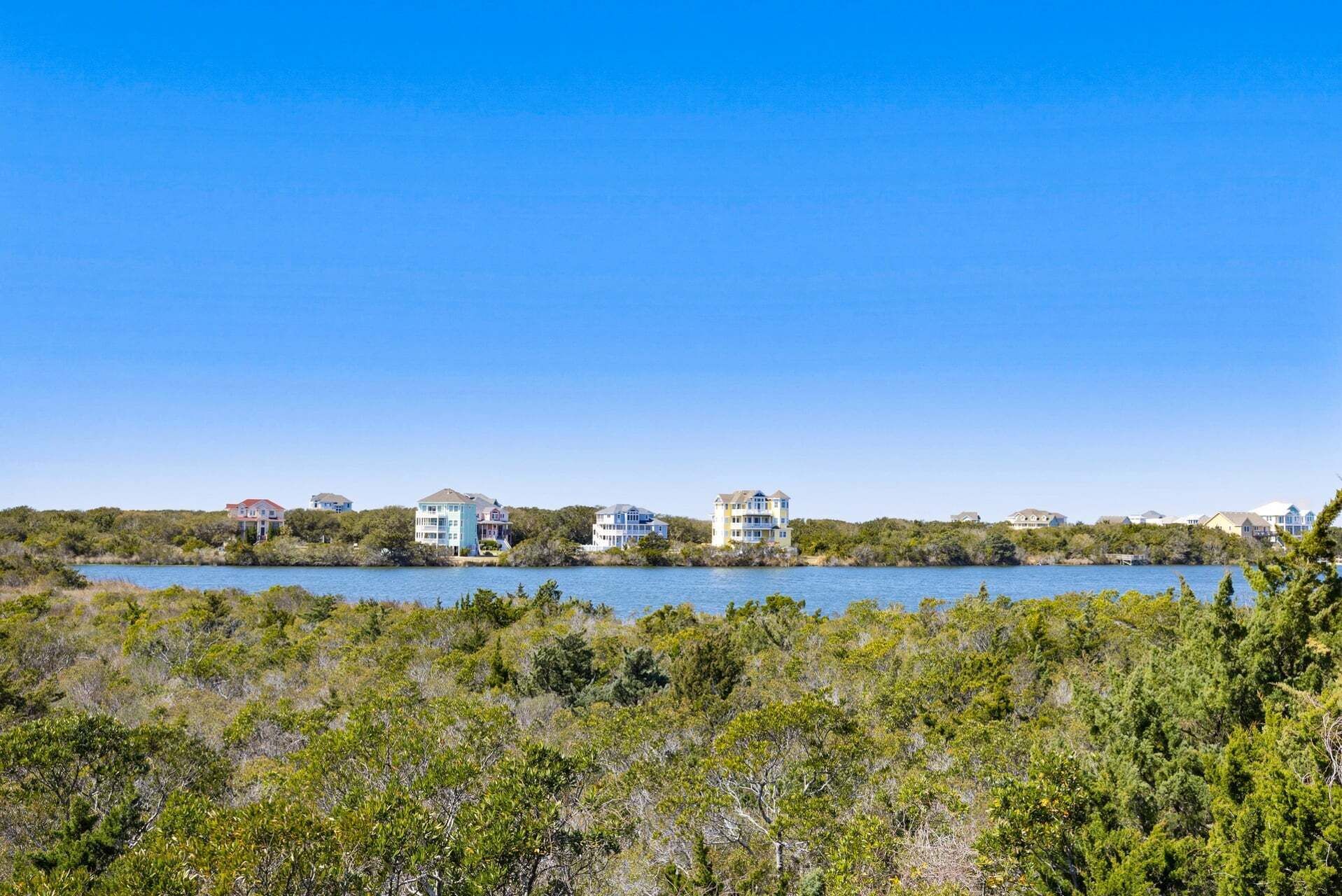 A coastal area with multiple houses by the water, surrounded by dense shrubbery.