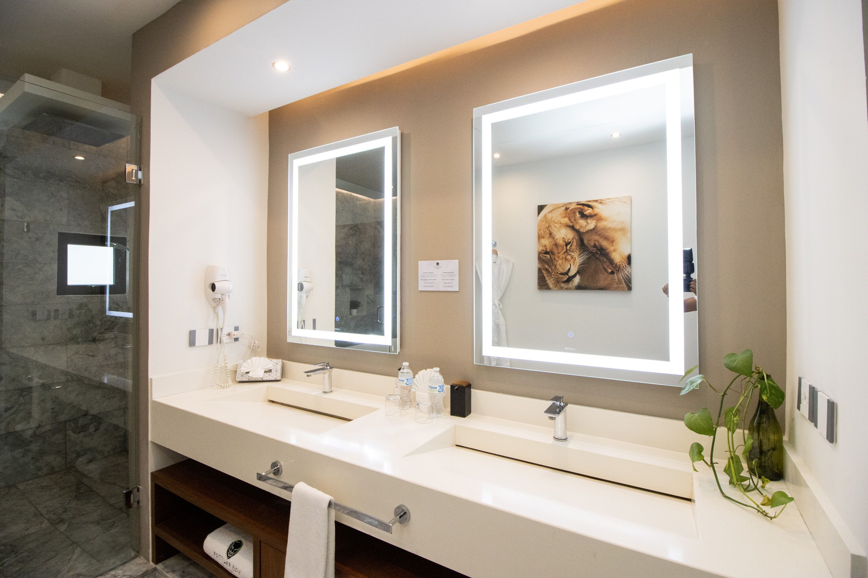 Une salle de bain moderne avec deux vasques, de grands miroirs et une œuvre d’art accrochée au mur.
