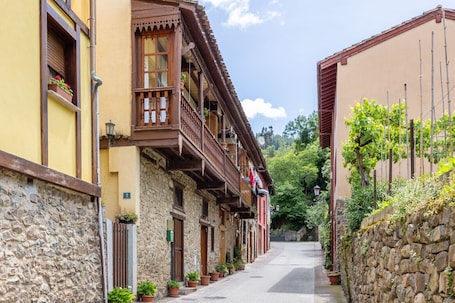 A narrow street with stone buildings, wooden balconies, and potted plants.