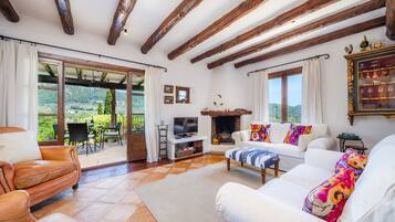 Télévision, cheminée, lecteur de DVD, table de tennis de table