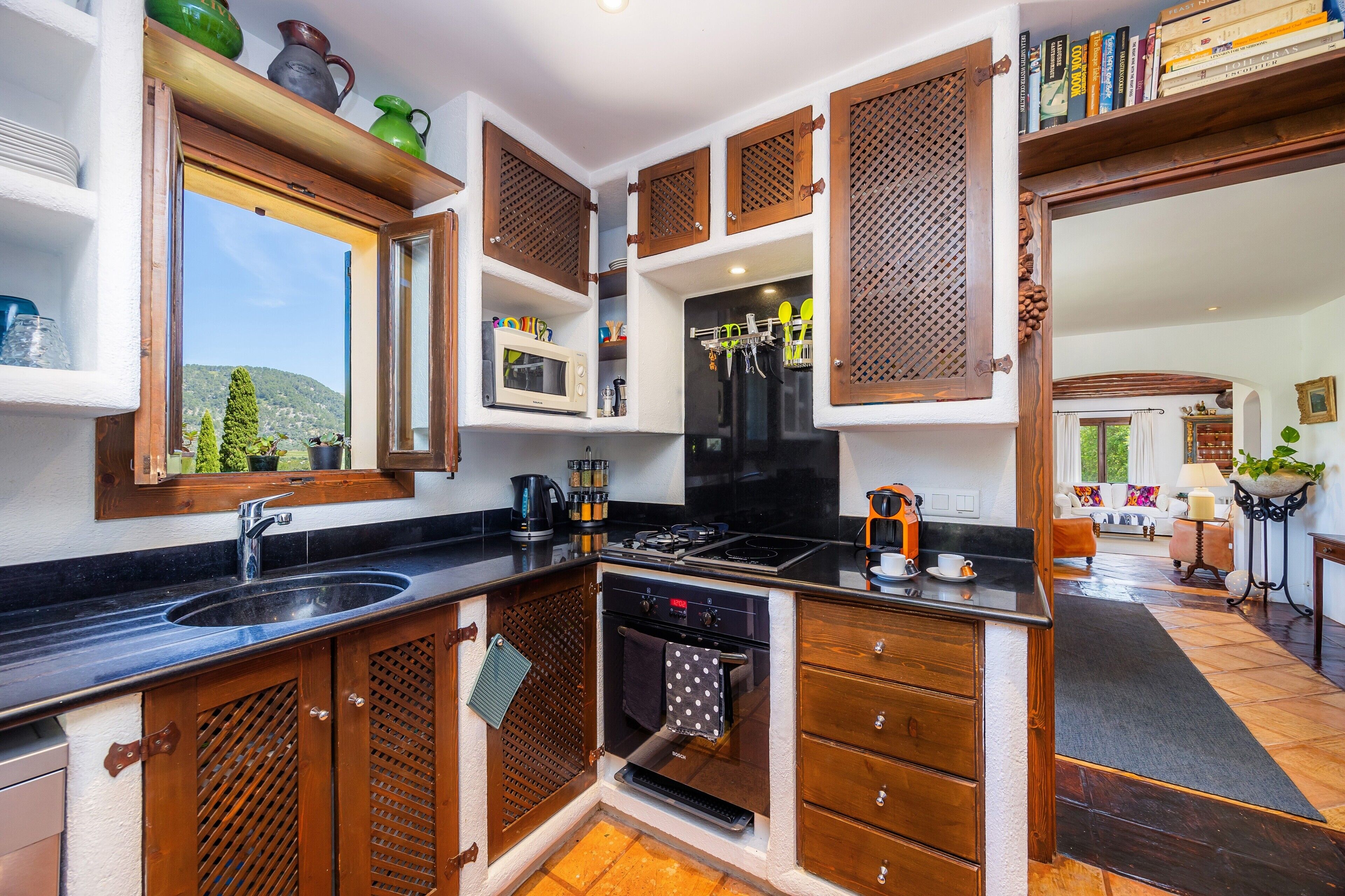 Una cocina con horno integrado, microondas y lavabo, con armarios de madera y vistas al exterior.