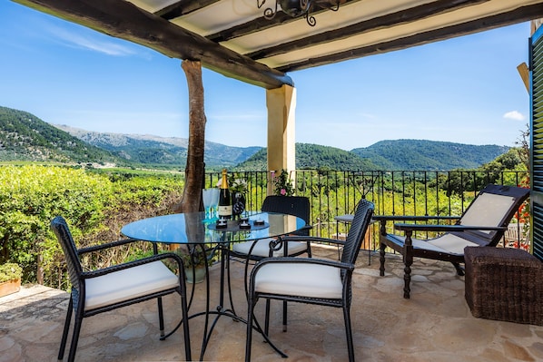 An outdoor patio with a glass table and wicker chairs, overlooking a vineyard and mountains.