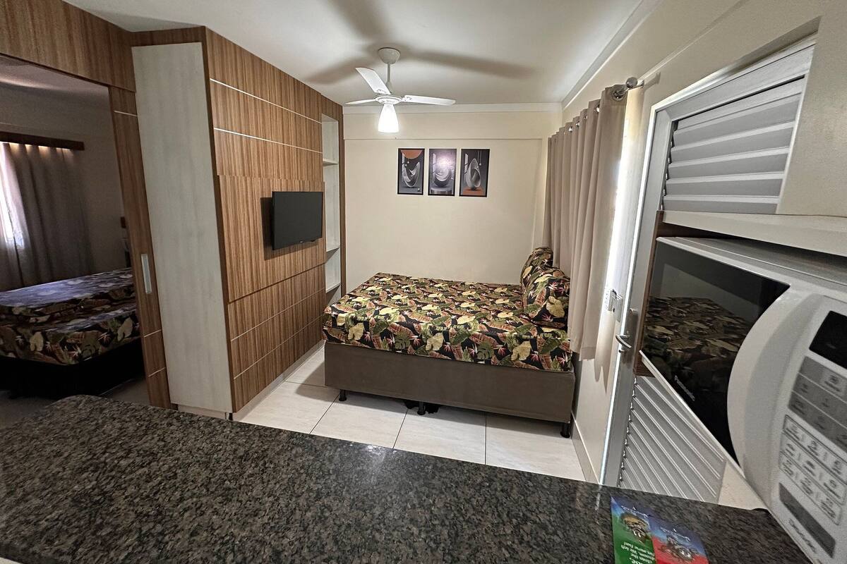 Une chambre à coucher de taille modeste, comprenant un lit, un ventilateur de plafond, un téléviseur et une armoire.