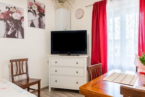 A room with a television on a white cabinet, a wooden chair, a dining table with a placemat, and a vase with flowers.