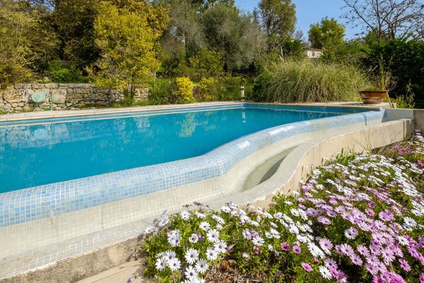 A swimming pool with a tiled edge, surrounded by a garden with various flowers.