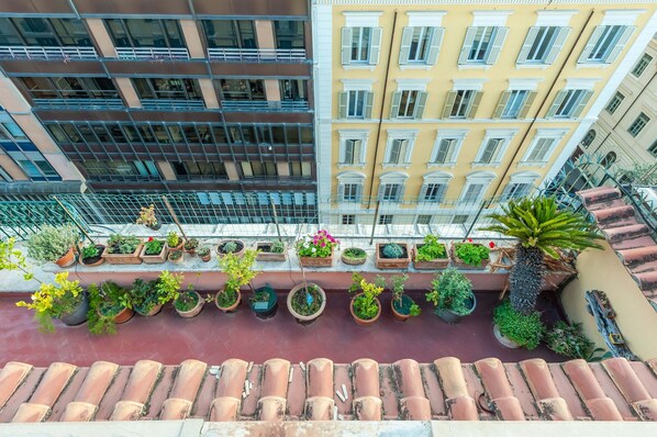 A rooftop terrace with potted plants and terracotta tiles.