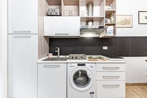 Fridge, stovetop, toaster, cookware/dishes/utensils