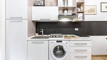 Fridge, stovetop, toaster, cookware/dishes/utensils