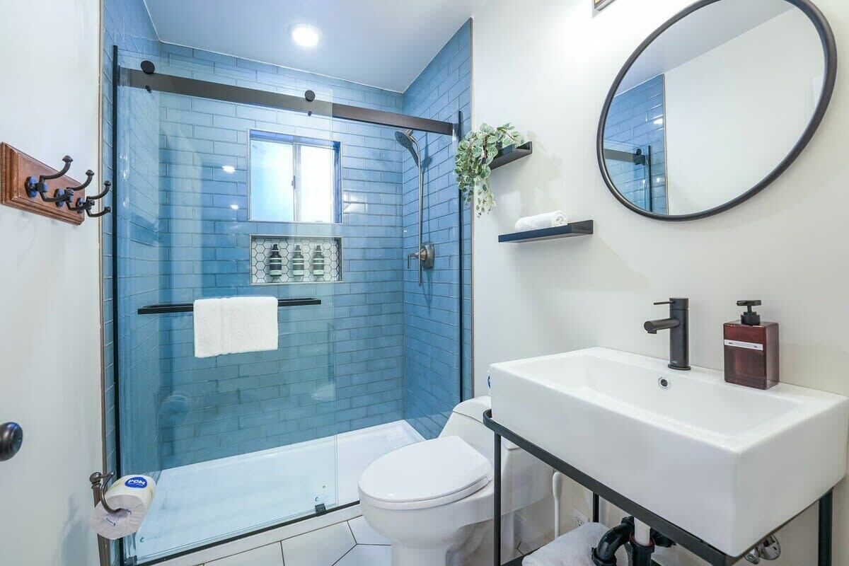 Shower, hair dryer, towels