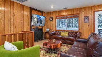 A cozy living room with wooden paneling, a fireplace, a television, and a large window with a snowy view.