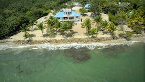 An aerial view of a beachfront property with a large house, multiple palm trees, and a rocky shoreline. - Private Oceanfront 4-Bed Villa w/Pool on Huge Lot (Placencia)