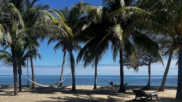 A clear blue pool surrounded by palm trees and a hammock, with a view of the ocean. - Private Oceanfront 4-Bed Villa w/Pool on Huge Lot (Placencia)