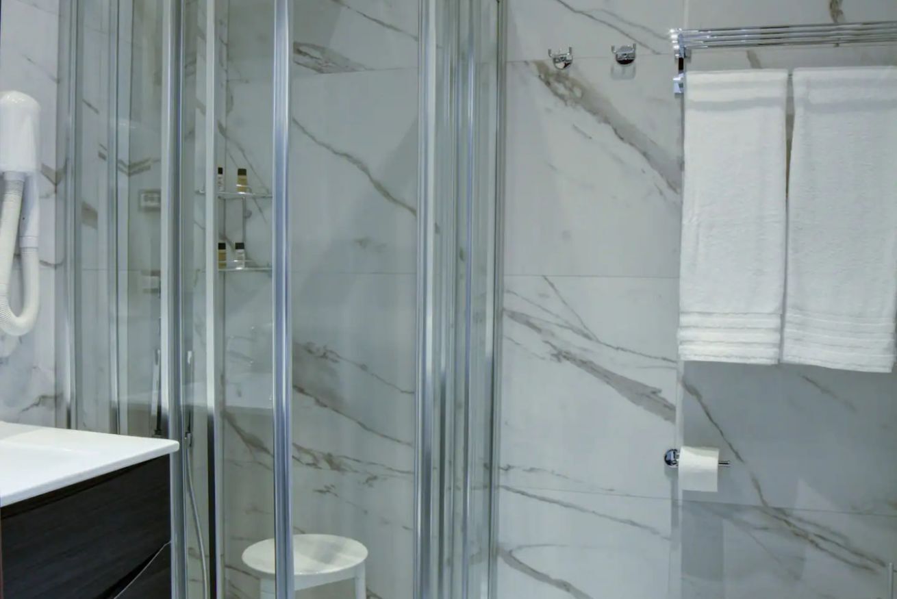 Shower, hair dryer, bidet, towels