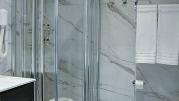 Shower, hair dryer, bidet, towels