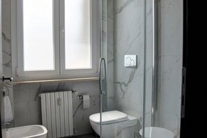 Shower, hair dryer, bidet, towels