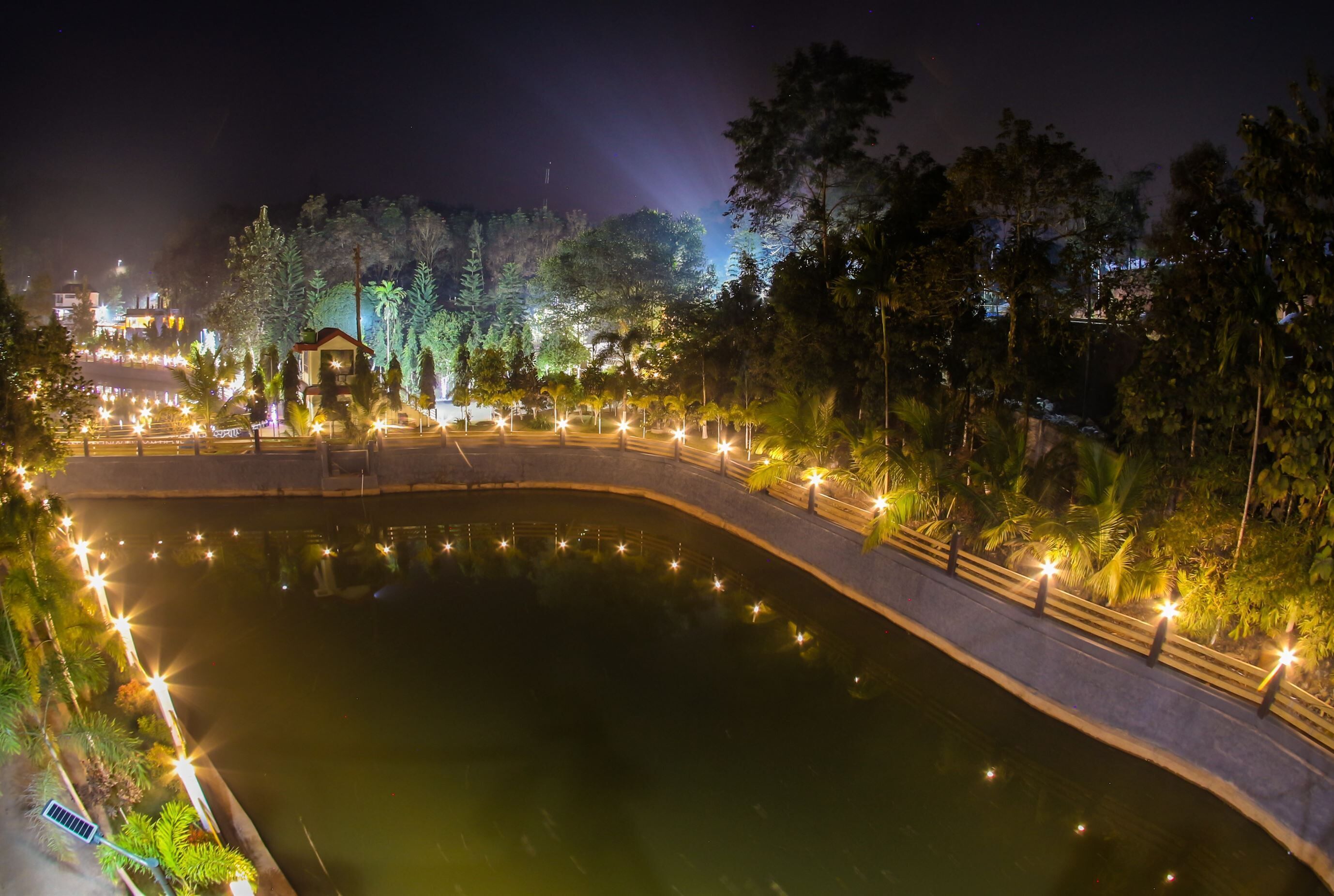 Vista nocturna de un área ajardinada con un estanque curvo, senderos iluminados y árboles circundantes.
